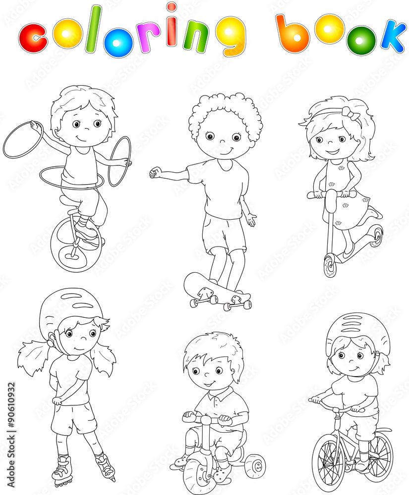 Children riding unicycle, bicycle and scooter, rollerblading and
