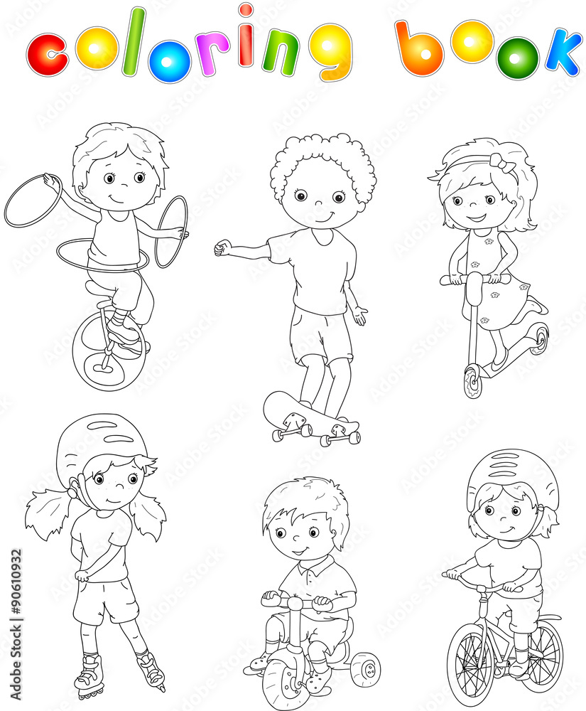 Children riding unicycle, bicycle and scooter, rollerblading and Children riding unicycle, bicycle and scooter, rollerblading and