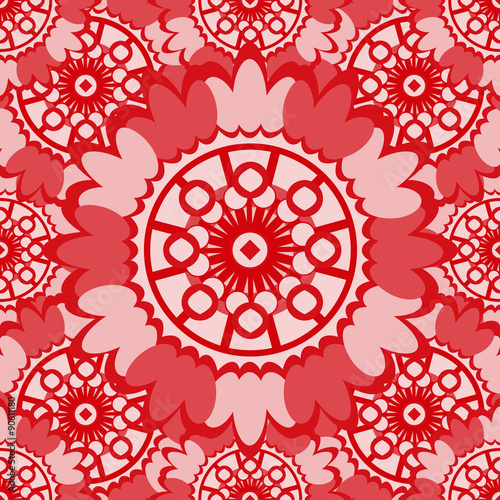 Soft red abstract seamless pattern with round ornamental elements. Vector pink background.