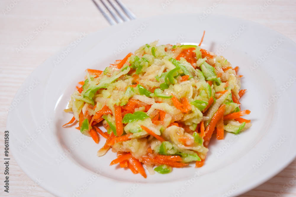 Fruit salad with carrots, apples, bananas Fruit salad with carrots, apples, bananas