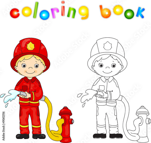 Fireman in a red uniform and helmet with a hose in his hand. Col