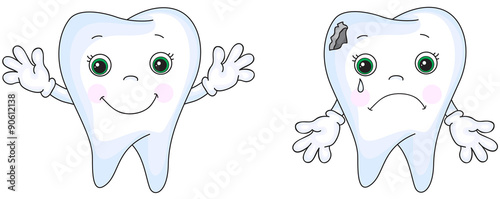 Healthy tooth smiling. Sick tooth crying. Sick tooth has caries