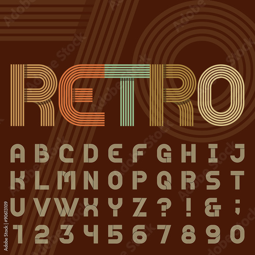 Retro style stripe alphabet vector font.
Sans serif type funky letters, numbers and symbols in trendy design. Stock vector typography for headlines, posters in 70s style etc. Easy color change. photo