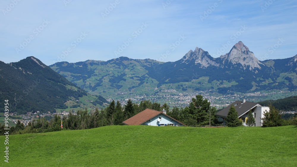 Green meadow and Mt Mythen, view from Seelisberg
