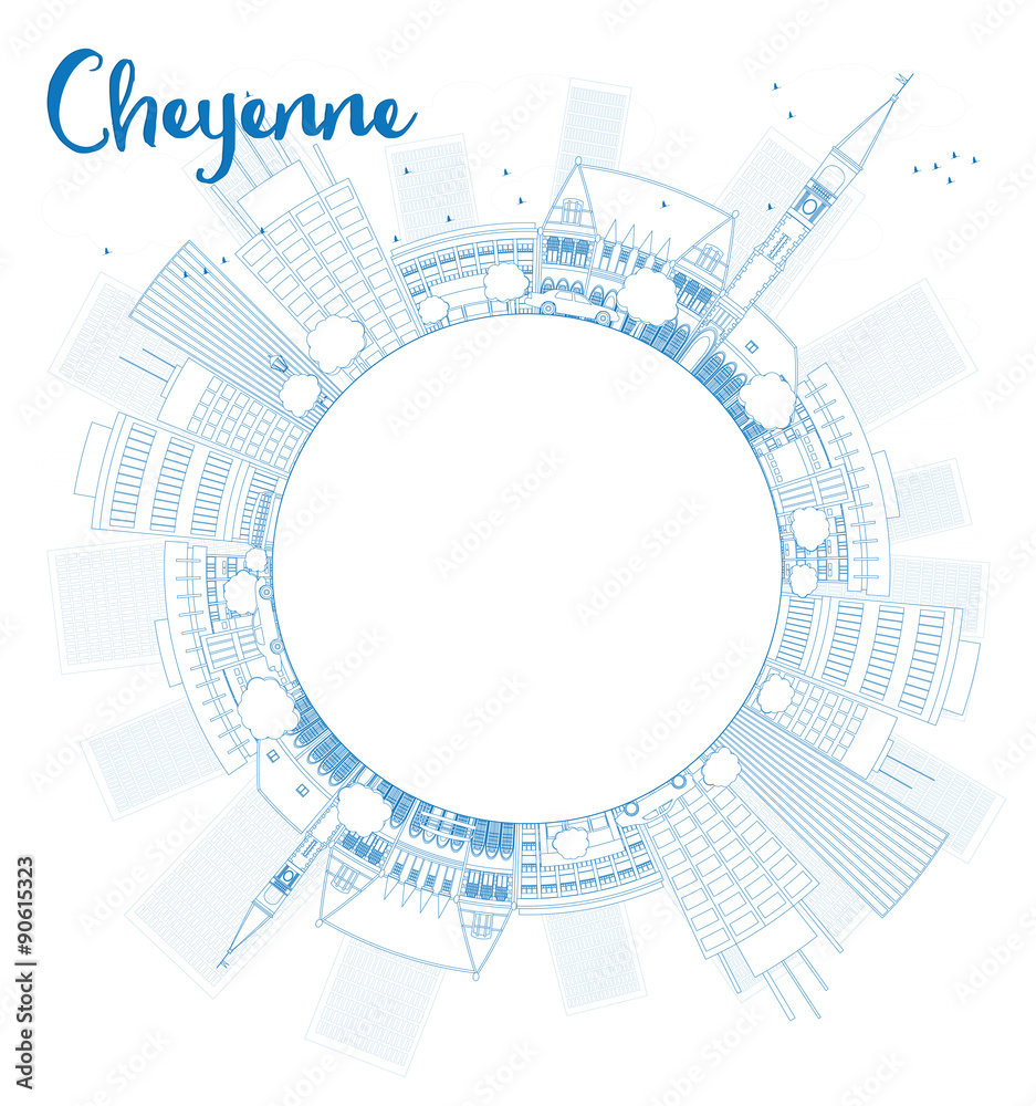 Outline Cheyenne (Wyoming) Skyline with Blue Buildings and copy