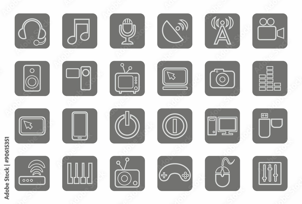 Icons, media, communications, video, computer, gray, contour, grey background. Icons, media, communications, video, computer, gray, contour, grey background.