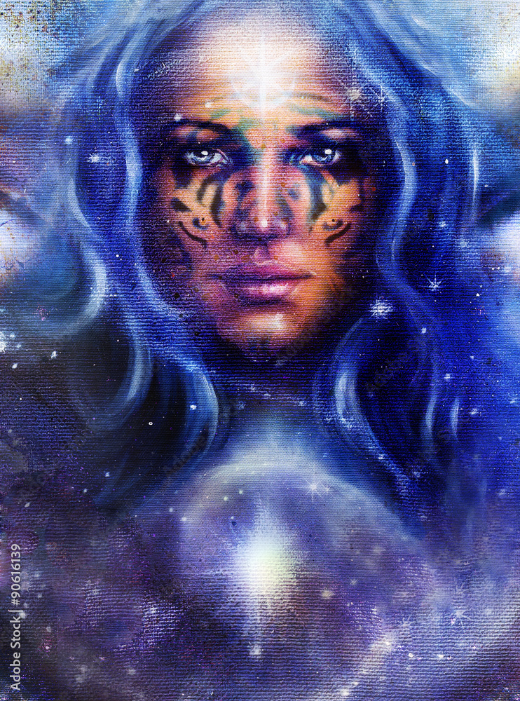 Goddess Woman with tattoo on face, space and light stars.