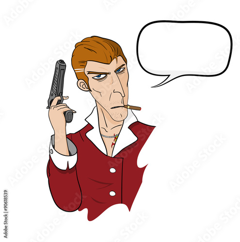 Mafia With Text, a hand drawn vector illustration of a mafia holding a hand gun and smoking a cigar, and a blank dialogue box (easily removable).