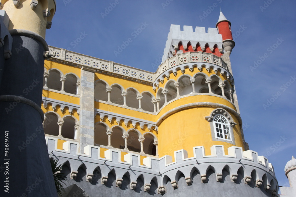 Architectural close up of Sintra National Palace in Portugal, with its vivid colors