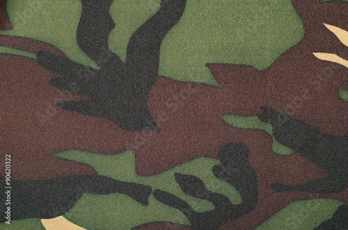 Camouflage pattern on fabric. Brown khaki black military print as background