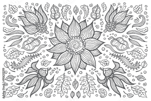 Illustration of hand drawn vintage floral retro elements