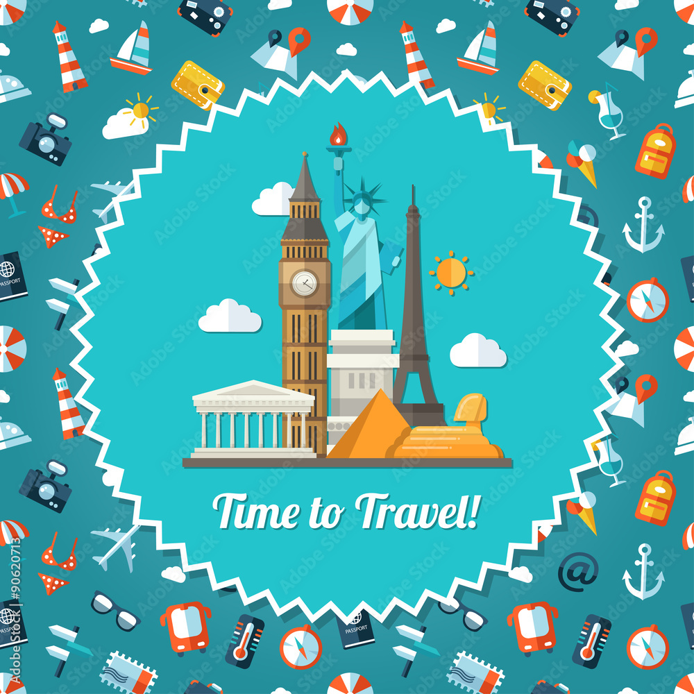 Naklejka premium Illustration of travel flat design postcard with icons