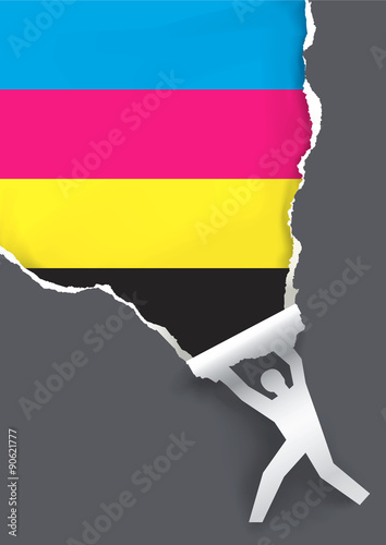 Color printing promotion background.
Male silhouette ripped paper background with colors of CMYK color mode. 
Concept for presenting color printing press.Vector available.
