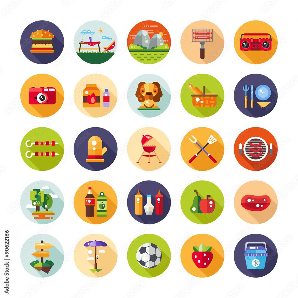 Set of flat design barbecue and summer picnic icons Set of flat design barbecue and summer picnic icons