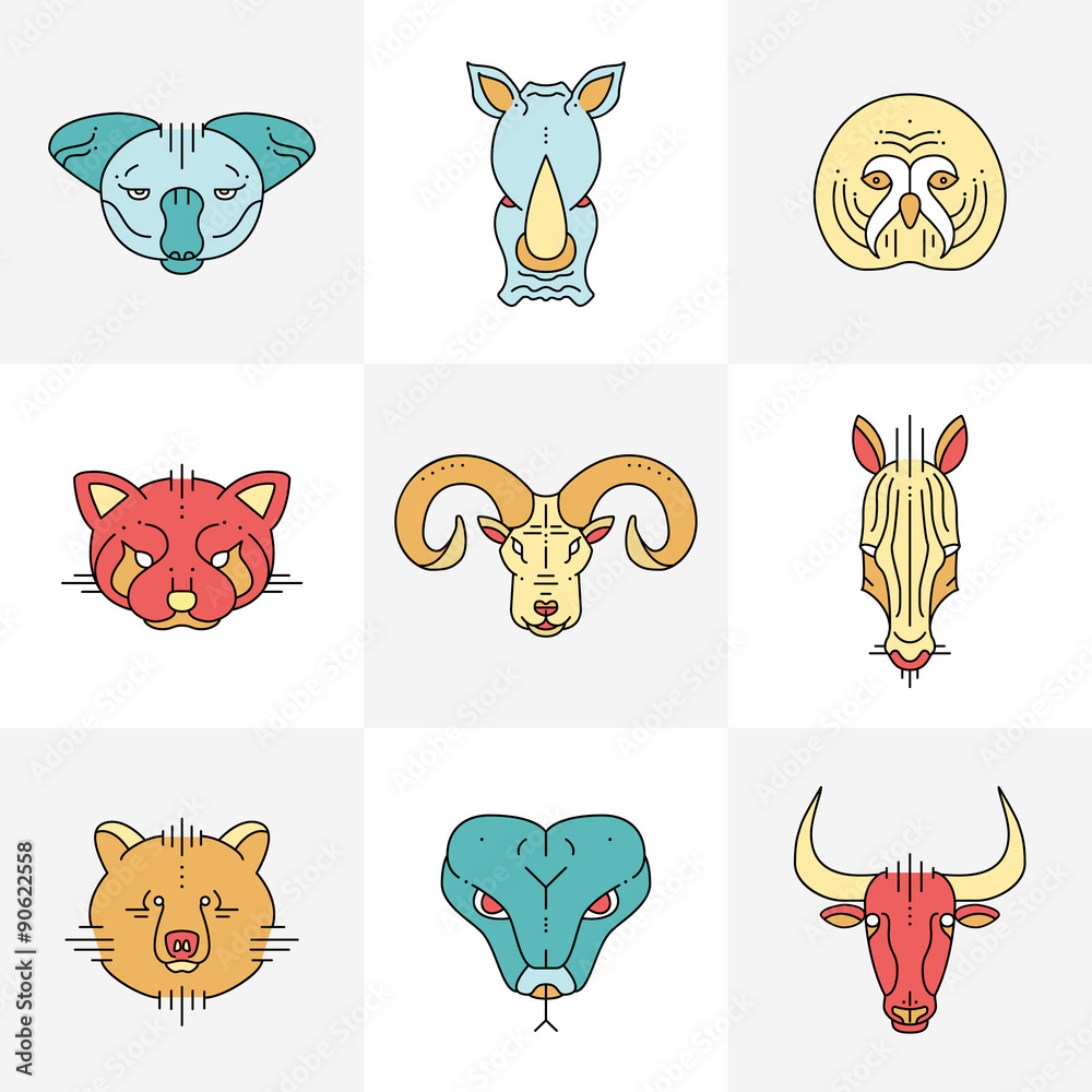 Fototapeta premium Set of animals linear flat icons, labels, illustrations for your