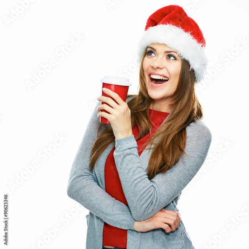 Santa Girl hold coffee cup. Studio portrait of smiling woman is