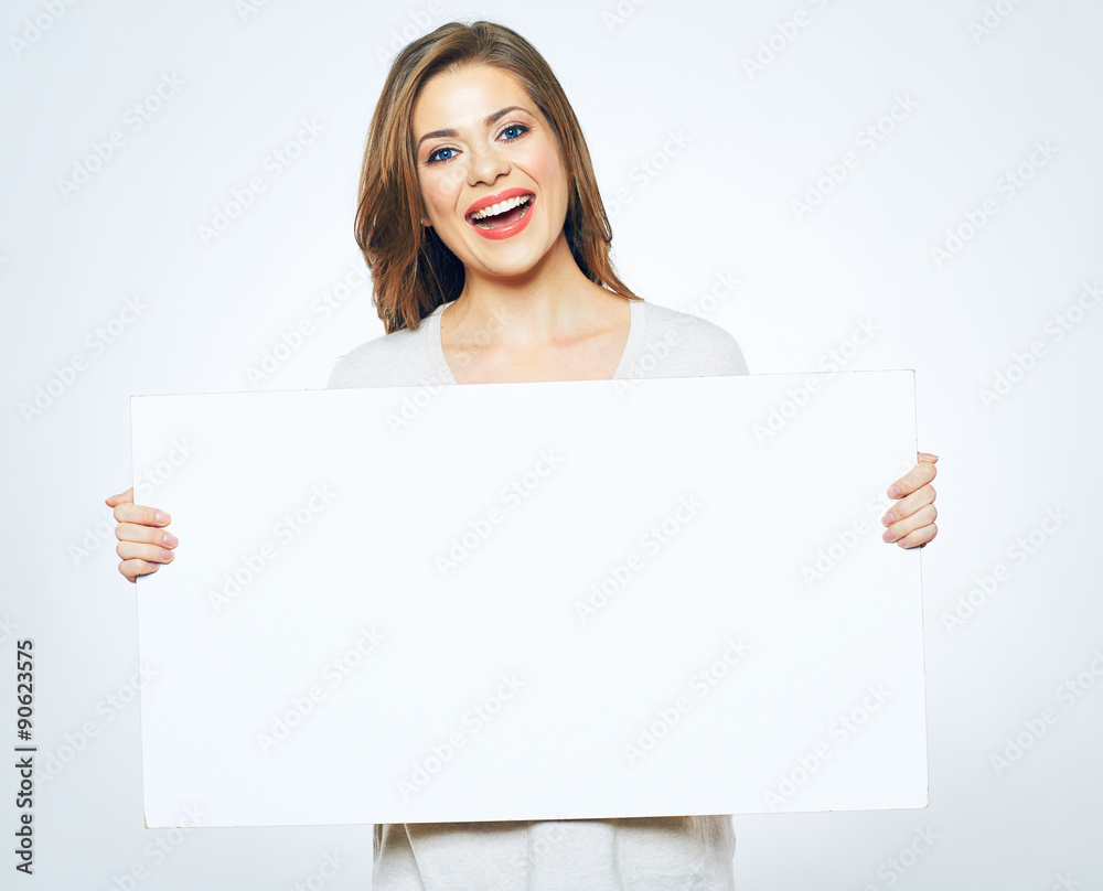 Sign board. Woman holding big white blank card. Sign board. Woman holding big white blank card.