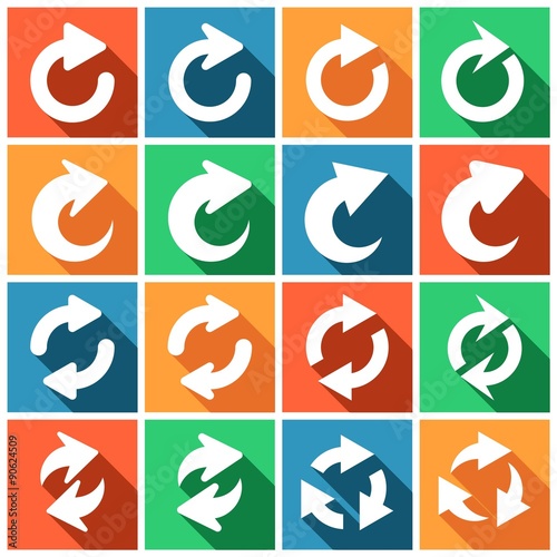 Set of flat colored simple web icons (repeat, refresh, reload, redo, arrows), vector illustration