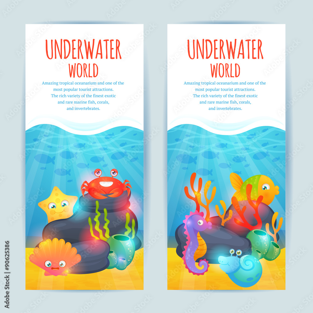 Naklejka premium Underwater sea animals vertical banners set