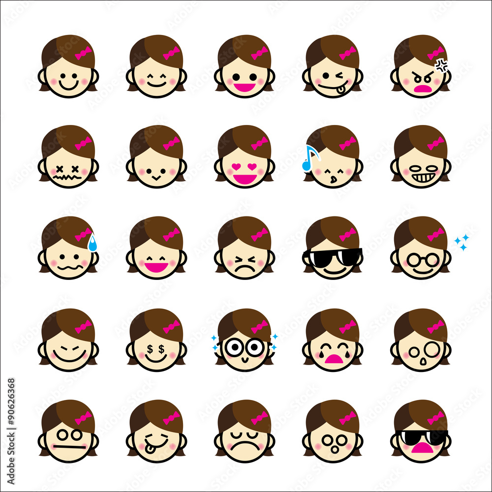 Collection of difference emoticon icon of girl cartoon on the wh Collection of difference emoticon icon of girl cartoon on the wh