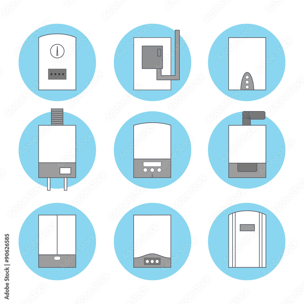 Set of icons of different white gas boilers on blue background Set of icons of different white gas boilers on blue background