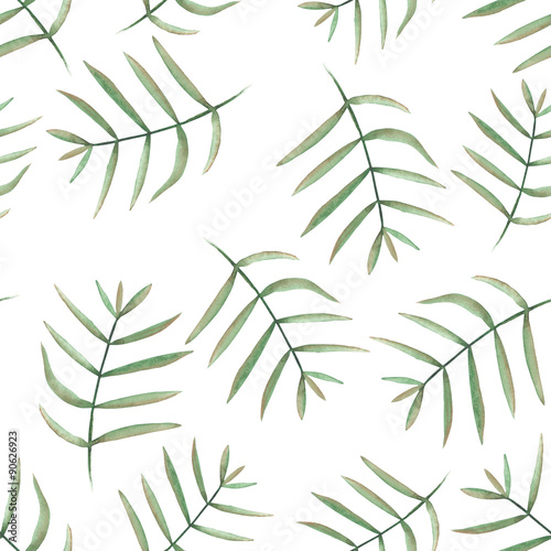 Fototapeta Naklejka Na Ścianę i Meble -  Seamless floral pattern with  branches with green leaves painted in watercolor on a white background
