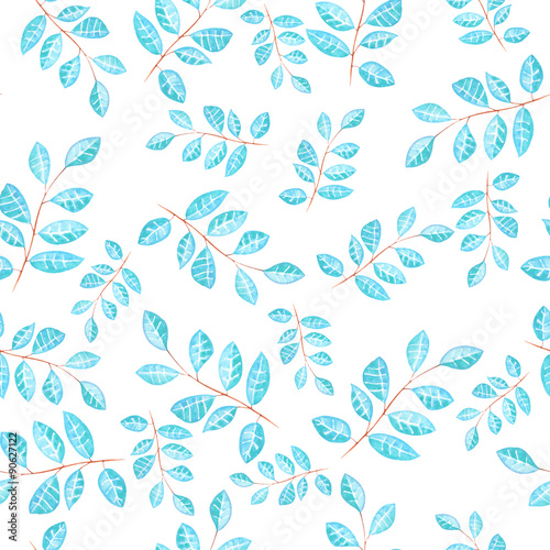 Seamless floral pattern with bright blue leaves on the branches painted in watercolor on a white background