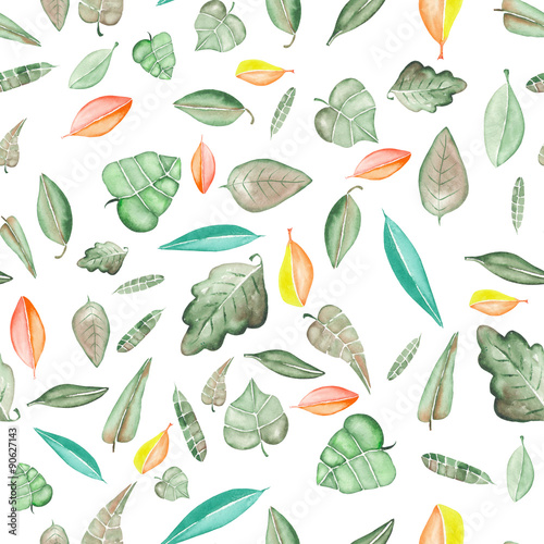 Seamless floral pattern with bright colorful leaves painted in watercolor on a white background