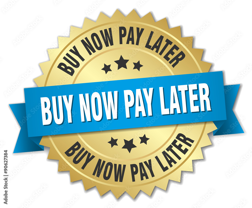 buy now pay later 3d gold badge with blue ribbon