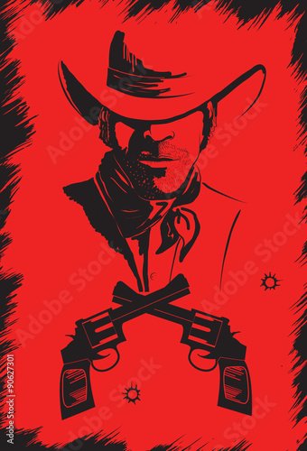 Cowboy in hat with guns.Vector graphic poster on red