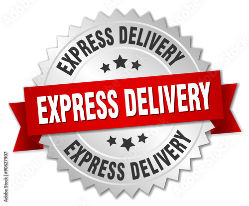 express delivery 3d silver badge with red ribbon