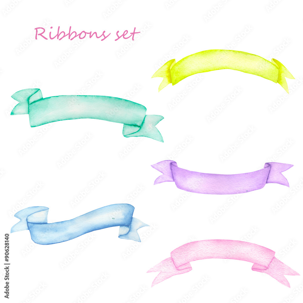 Set, collection of isolated ribbons painted in watercolor on a white background