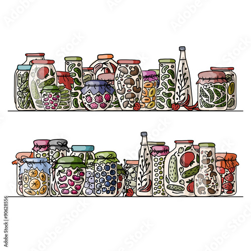 Set of pickle jars with fruits and vegetables
