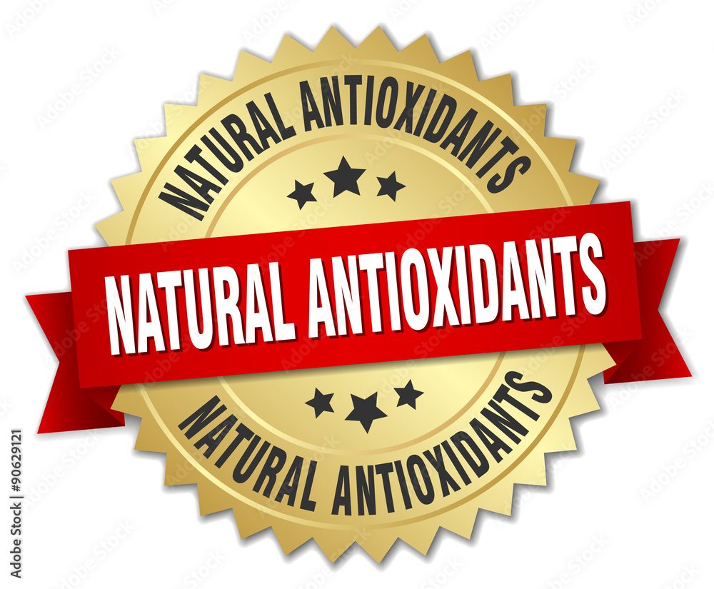 natural antioxidants 3d gold badge with red ribbon