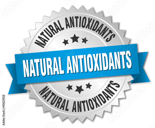 natural antioxidants 3d silver badge with blue ribbon