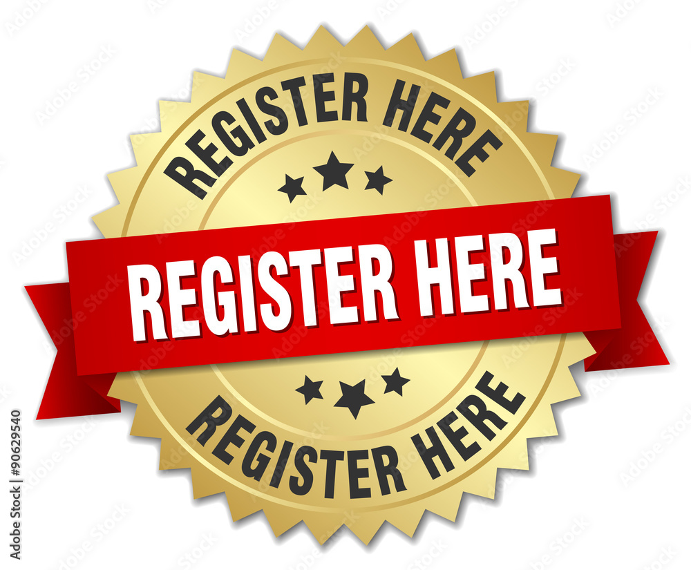 register here 3d gold badge with red ribbon register here 3d gold badge with red ribbon
