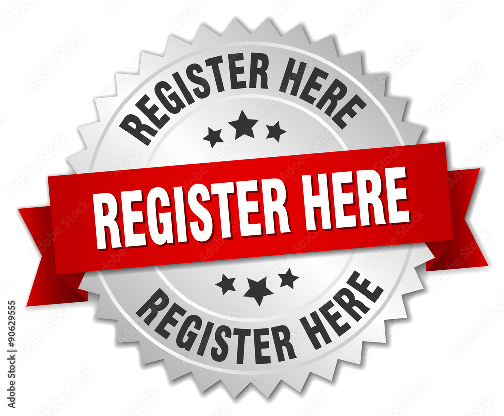 register here 3d silver badge with red ribbon register here 3d silver badge with red ribbon