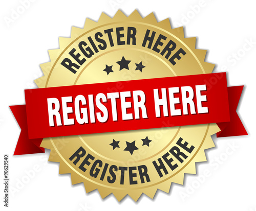 register here 3d gold badge with red ribbon