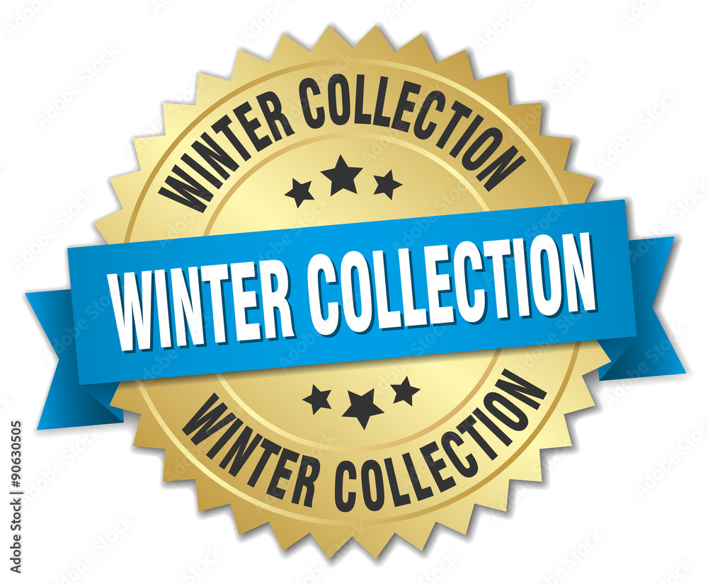 winter collection 3d gold badge with blue ribbon