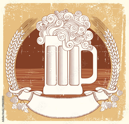 Beer symbol.Vector vintage graphic  Illustration of glass with g