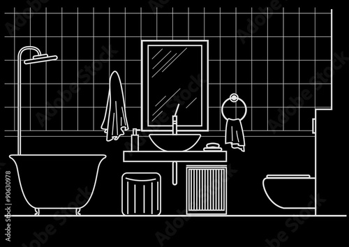 architectural linear sketch interior bathroom front view on black background