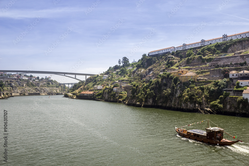 Porto landscape view over Douro River and tradicional Rabelo boats