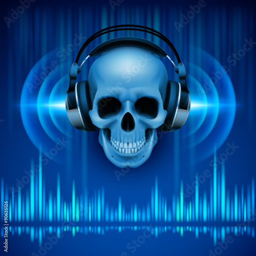 Skull in headphones. Disco background