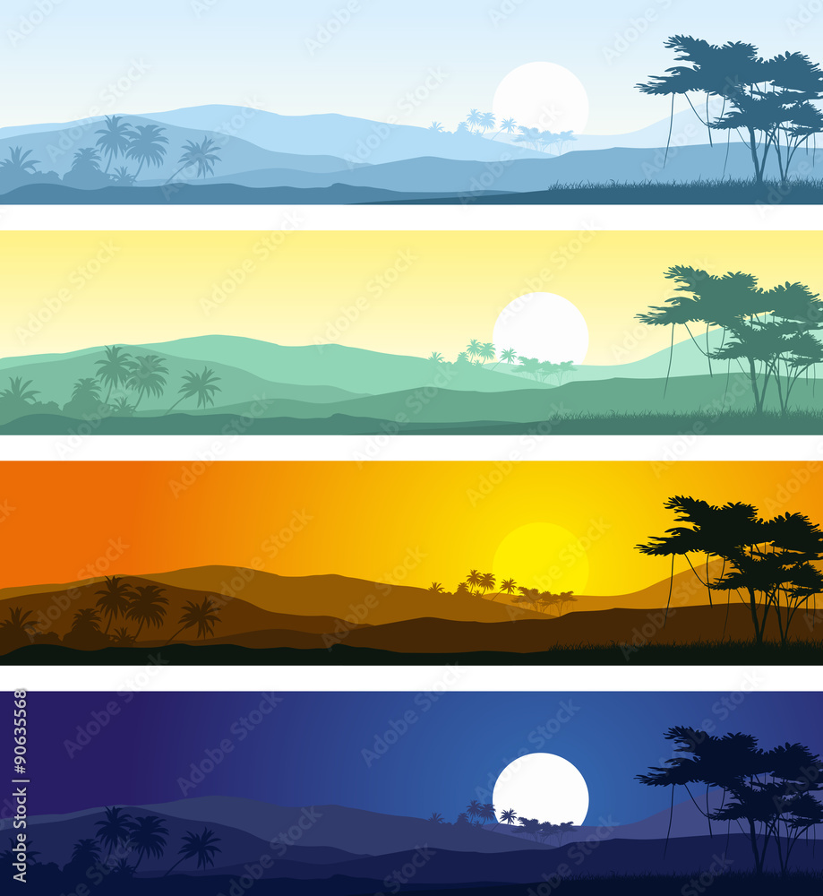Set of tropical mountain landscapes in various times of day.Vector illustrations.