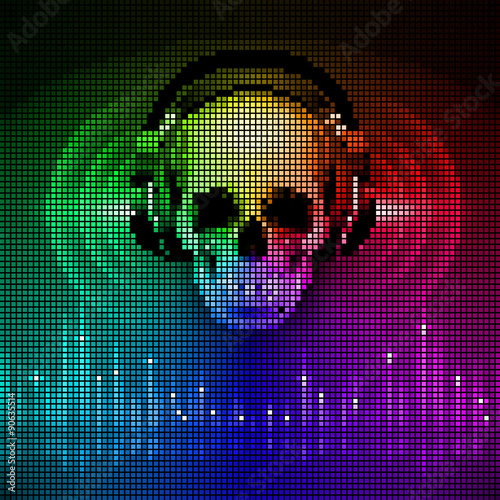 Skull in headphones. Disco background