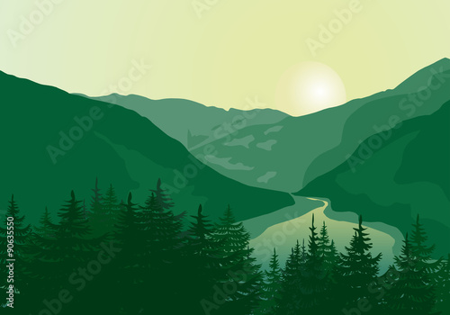 Beautiful sunrise in a mountain river canyon. Vector illustration.
