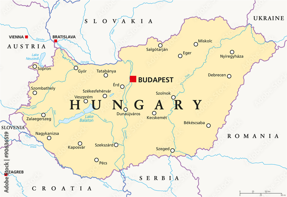 Hungary political map with capital Budapest, national borders, important cities, rivers and lakes. English labeling and scaling. Illustration.