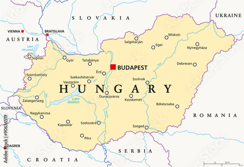 Fotografie, Obraz Hungary political map with capital Budapest, national borders, important cities, rivers and lakes