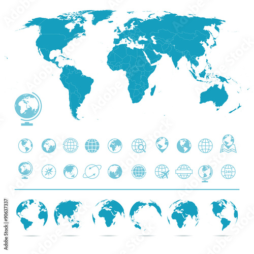 World Map, Globes Icons and Symbols - Illustration.