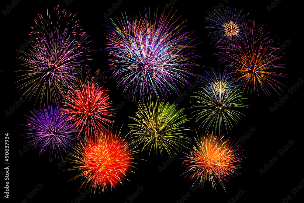 multi colorful firework beautiful isolated on black background,